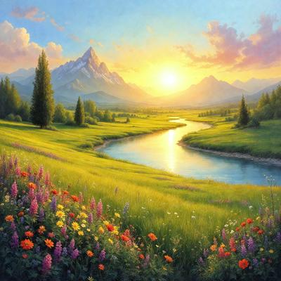 The primary subject of the image is a beautiful landscape featuring a river flowing through a valley with mountains in the background. The setting is a lush green field with a variety of flowers, including red and yellow ones, adding to the vibrant atmosphere. The visual style of the image is a painting, which showcases the artist's skill in capturing the natural beauty of the scene. The colors and mood of the painting are warm and inviting, with the sun shining brightly over the valley, creating a serene and